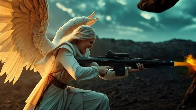 Onward Christian soldiers, beautiful angel lighting-up battlefield of war with high powered gun, mowing-down the unseen enemy.
