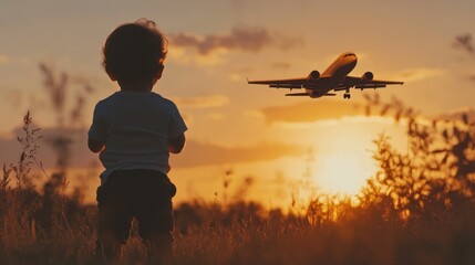 Child gazing at airplane during sunset in open field, capturing the wonder of travel and exploration