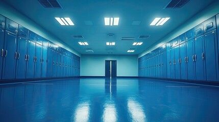 Fototapeta premium Sports equipment is neatly arranged in a vacant, blue locker room, with a low-angle view highlighting the space