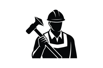 Silhouette vector art illustration of a construction worker wearing a hard hat and holding a hammer.eps