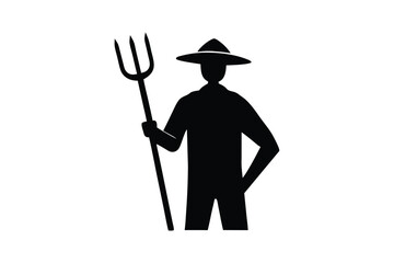 Silhouette vector art illustration of a farmer wearing a straw hat and holding a pitchfork.eps
