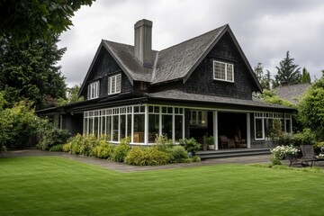 Charming black wooden house surrounded by lush greenery and well-maintained lawn on a cloudy day in a serene neighborhood