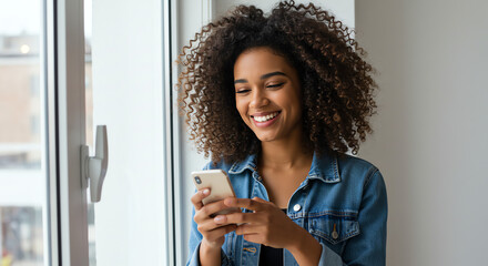 Happy Woman Using Smartphone by Window in Bright Room
