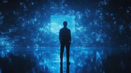 Fototapeta premium A silhouetted figure stands before a glowing digital interface, immersed in a futuristic, tech-inspired environment