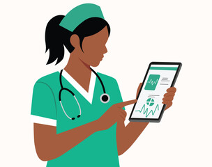 Young Latina Woman Nurse Using Digital Tablet. Flat vector illustration