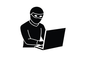 Silhouette vector art illustration of a masked cybercriminal stealing data from a computer screen.eps