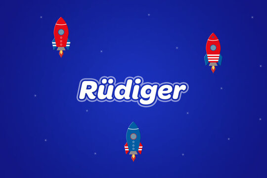 R?diger male boy name illustration in blue with rockets.