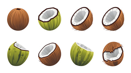 Colorful coconuts whole and halved various stages of opening Fresh tropical fruit illustration