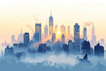 Fototapeta premium City Skyline Revealed, Morning fog lifting