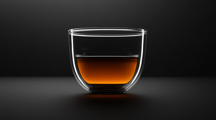 A clear glass cup filled with a dark liquid sits on a dark surface against a dark background