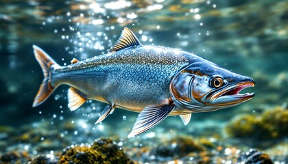 Fototapeta premium Swimming Fish in Clear Water with Sunlight and Rock Bed