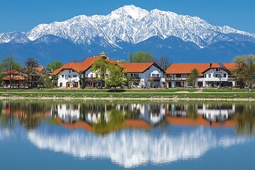 Naklejka premium Alpine town reflecting on lake
