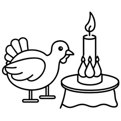 Turkey on a dinner table with candle line art vector illustration