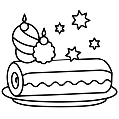Yule log cake with Christmas decoration line art vector illustration