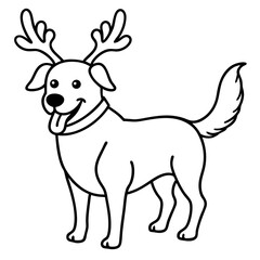A Joyful Dog wearing reindeer antler line art vector illustration