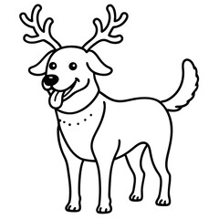 A Joyful Dog wearing reindeer antler line art vector illustration