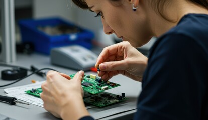 Caucasian woman engineer assembling circuit board in laboratory, focused on technology and innovation.