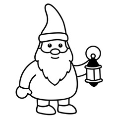 Christmas gnome holding a lantern line art vector illustration