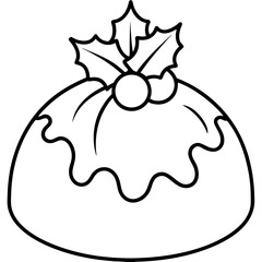 Christmas pudding with holly decoration line art vector illustration