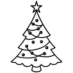 Christmas tree decorated with light and ornament line art vector illustration