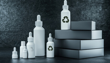 3D-rendered product display featuring consumer goods in matte steel packaging, surrounded by recycling icons and green certification badges