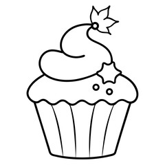 Cupcake with Christmas themed topper line art vector illustration 