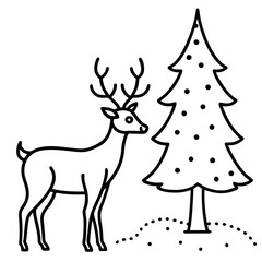 Christmas deer with antlers and a tree in a winter setting, vector illustration of a cute reindeer silhouette, showcasing nature and wildlife with a festive touch