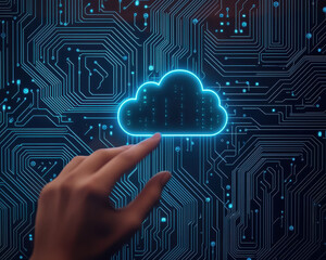 hand reaches towards glowing cloud symbol on circuit board background, representing cloud storage technology and data management