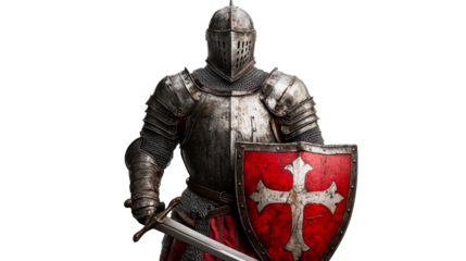 Knight in shining armor with sword and shield, cut out transparent