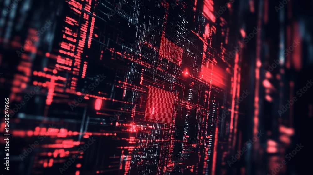 Fototapete A complex abstract background displaying encrypted programming code and digital security elements. The dark futuristic theme includes red warning signals and protective firewalls.