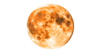 Full harvest orange Moon surface details, lunar phase isolated, cut out transparent