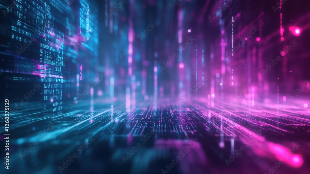 Poster A high-tech holographic background with transparent layers of programming code floating in a digital space. The glowing cyan and purple tones enhance the futuristic, AI-inspired aesthetic
