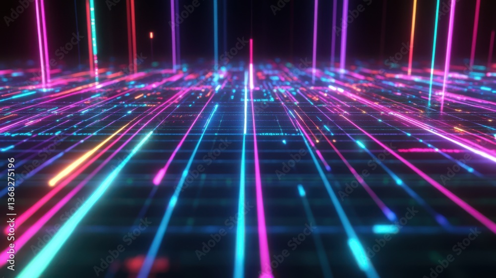 Fototapete A retro-futuristic background featuring neon programming code on a dark digital grid. The nostalgic 80s-inspired aesthetic blends vintage and modern technology