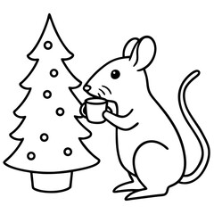 Mouse sipping hot cocoa near a Christmas tree line art vector illustration 