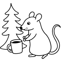 Mouse sipping hot cocoa near a Christmas tree line art vector illustration 