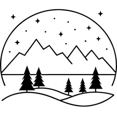 Obraz premium Northern light over a winter landscape line art vector illustration 