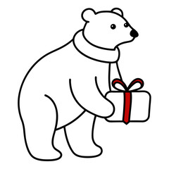  Polar bear with a red scarf holding a present line art vector illustration 