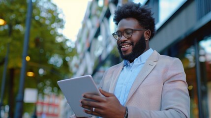 Young executive happily using a tablet outside the office building
