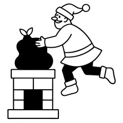Santa delivering gift down the chimney  line art vector illustration 
