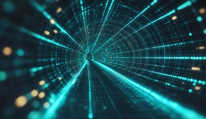 Abstract digital tunnel.  A vibrant teal tunnel, filled with glowing lines and particles, creates a sense of motion and futuristic exploration
