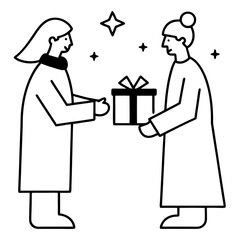 Secret Santa exchanging present line art vector illustration 