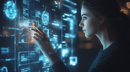 Woman interacts with futuristic holographic interface.