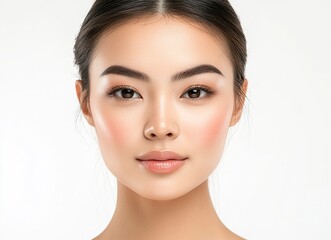 Obraz premium Close-up beauty portrait of a young Asian woman with perfect, clean skin, isolated on a white background. Beauty and cosmetic concept. Stock photo, with copy space for high-quality, 