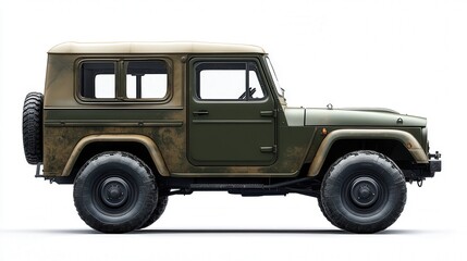Side view of a classic olive green off-road vehicle with rugged features.