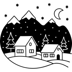 Fototapeta premium Snow covered village at night line art vector illustration 