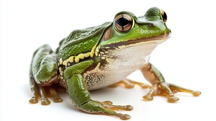Fototapeta premium Close-up of a vibrant green frog with striking golden eyes on a white background.