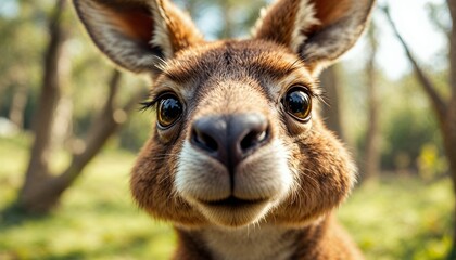 Fototapeta premium Close-up of Kangaroo Face with Big Eyes in Natural Setting