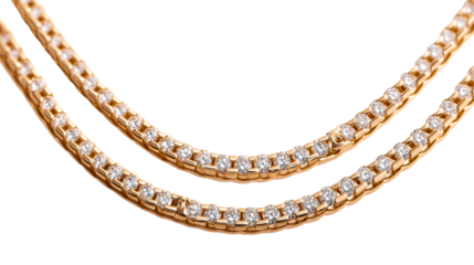 Golden necklace with diamonds on black background, cut out transparent