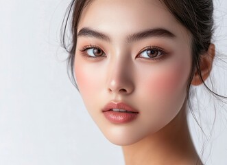 Fototapeta premium Close-up beauty portrait of a young Asian woman with perfect skin and healthy facial features, isolated on a white background. Asian girl model, close-up face, natural makeup, eye shadow, and blush.