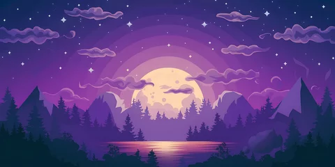 Fototapete Purple moonlit mountain lake landscape stylized nature scene © AlkasimAza